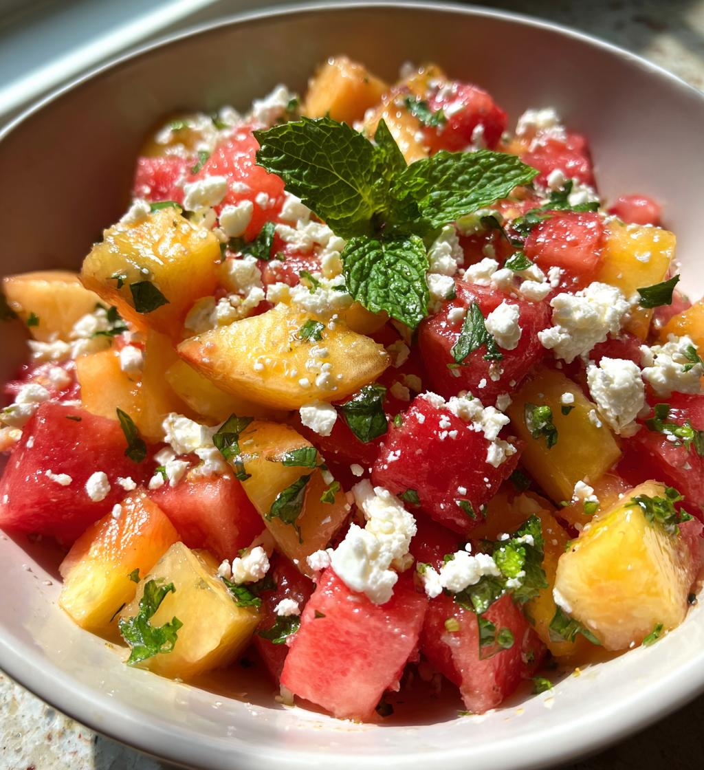 easy summer peach watermelon salad - detail 1