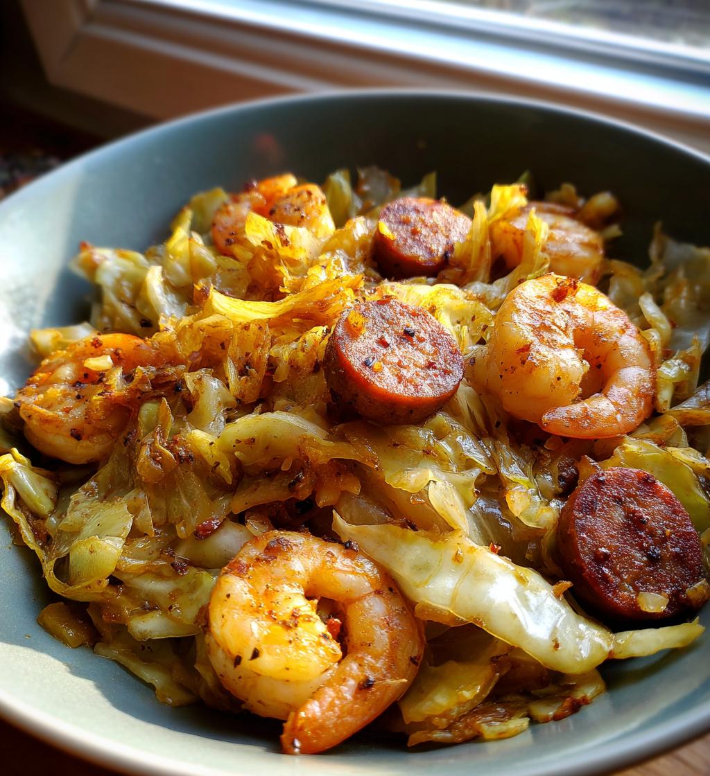 fried cabbage with shrimp sausage