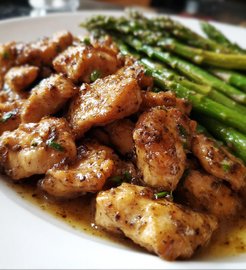 garlic butter chicken bites and asparagus