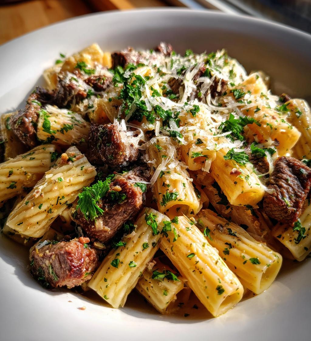 garlic butter steak parmesan rigatoni