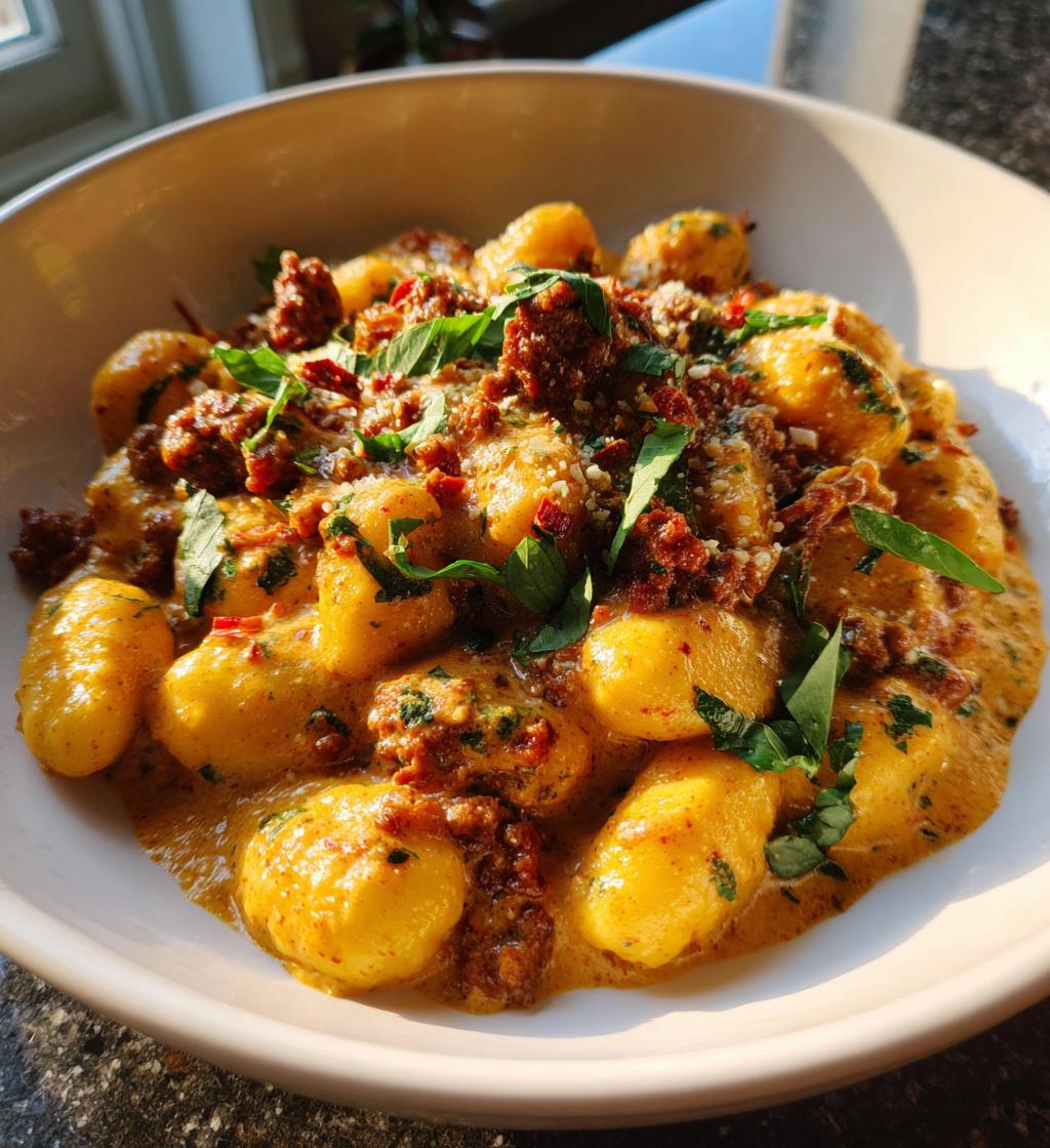 gnocchi with chorizo and creamy harissa sauce - detail 1