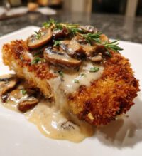 golden crispy chicken with parmesan mushroom sauce