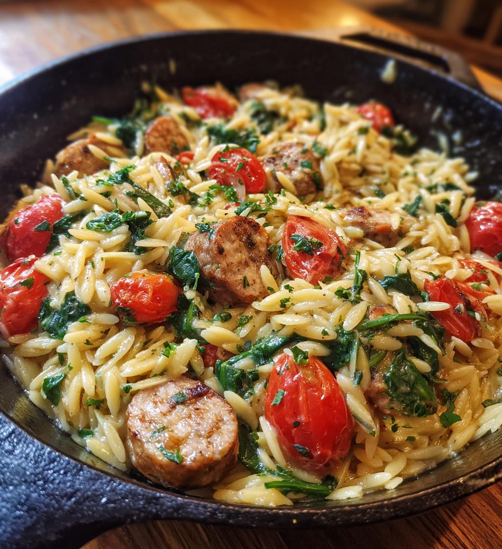 irresistible creamy chicken sausage orzo skillet - detail 1