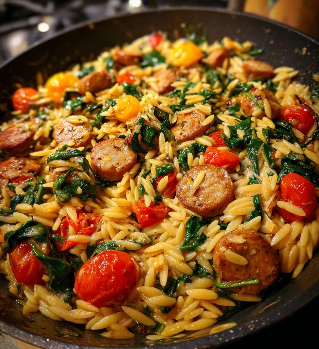 irresistible creamy chicken sausage orzo skillet