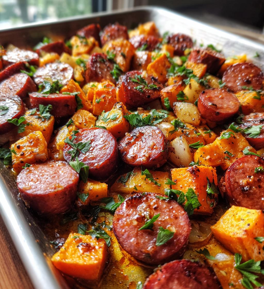 irresistible sheet pan sausage and sweet potatoes with honey garlic sauce - detail 1