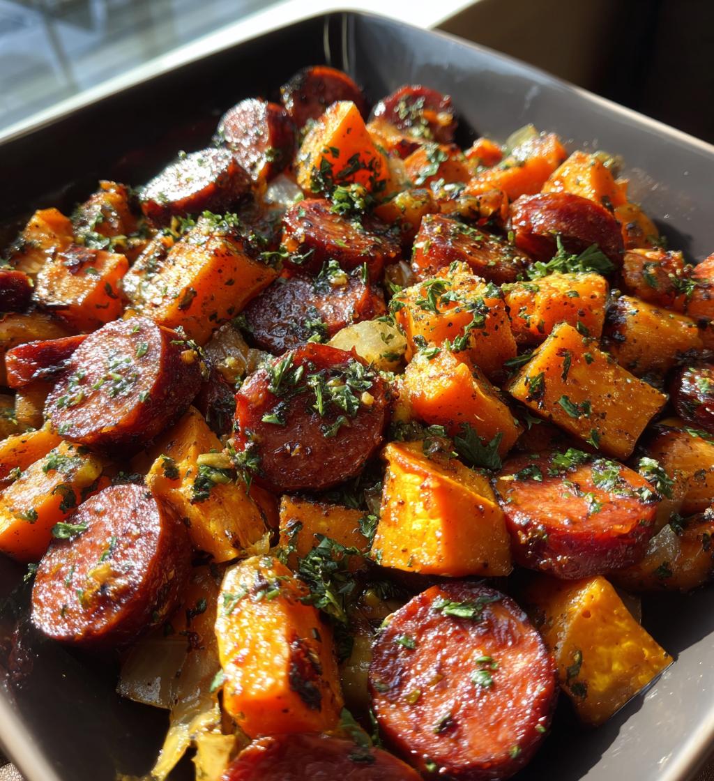 irresistible sheet pan sausage and sweet potatoes with honey garlic sauce