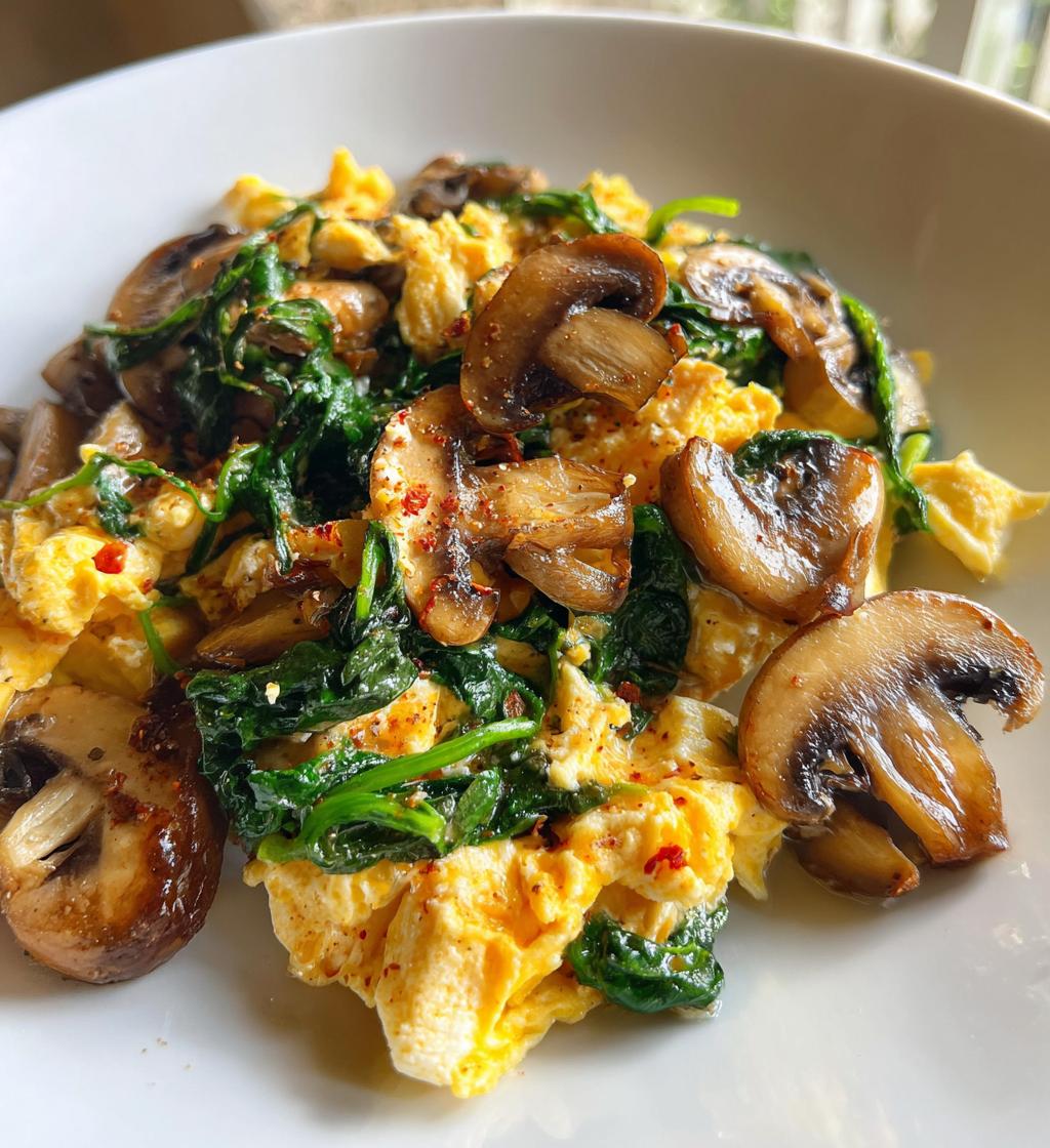 mushroom spinach scrambled eggs - detail 1