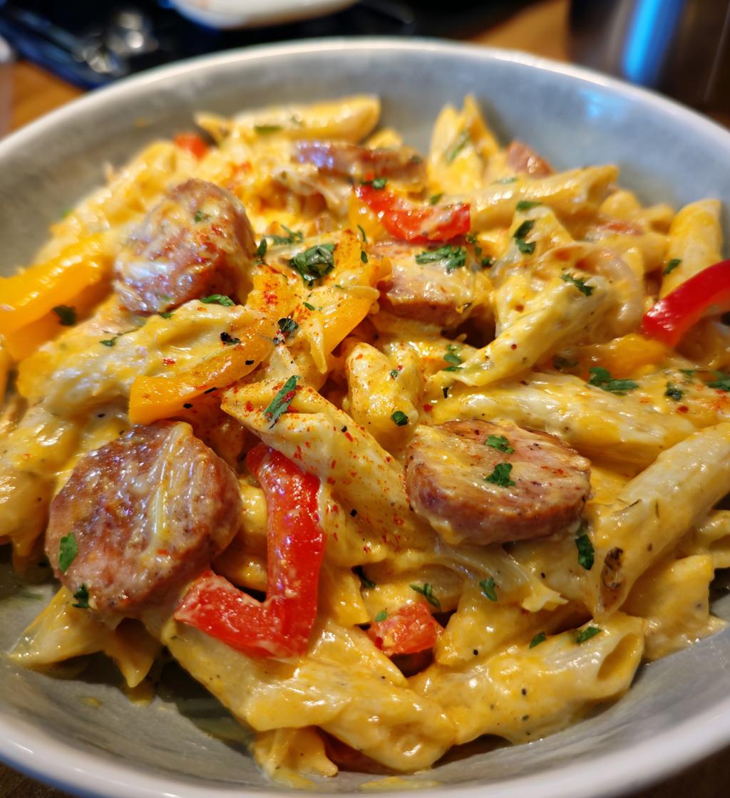 one pot cheesy sausage pasta - detail 1