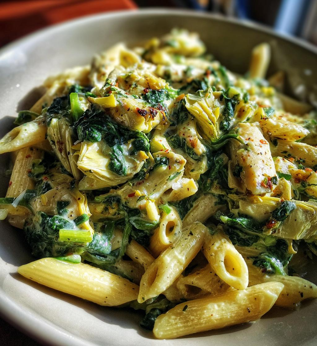 one pot spinach and artichoke pasta - detail 1