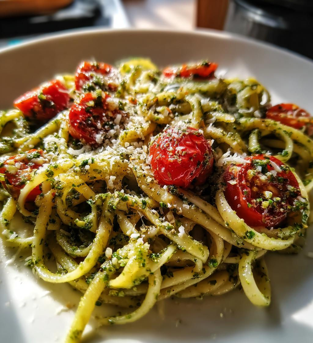 pesto pasta with cherry tomatoes - detail 1