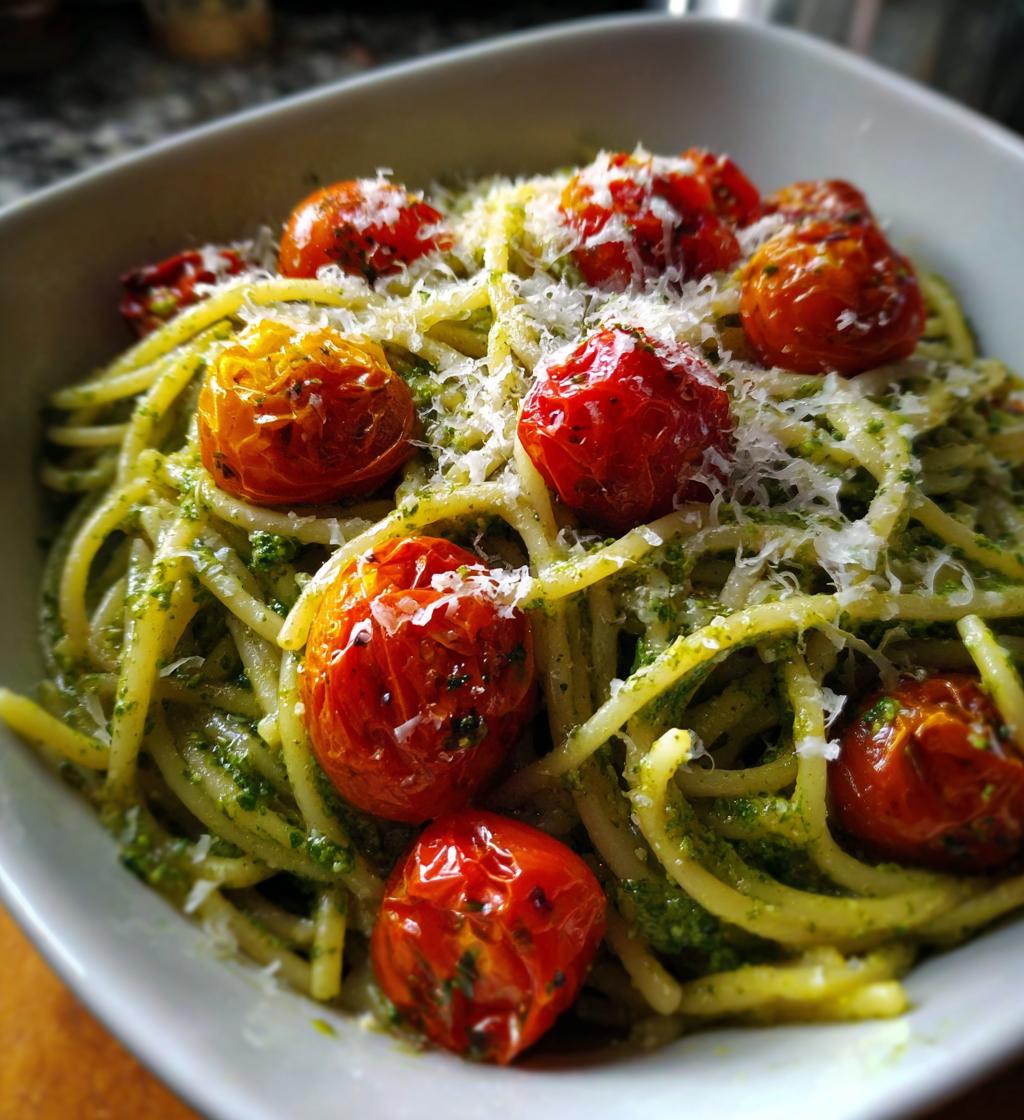 pesto pasta with roasted tomatoes - detail 1