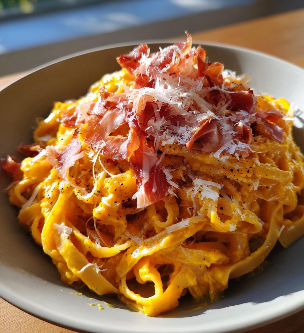 pumpkin alfredo pasta with prosciutto - detail 1