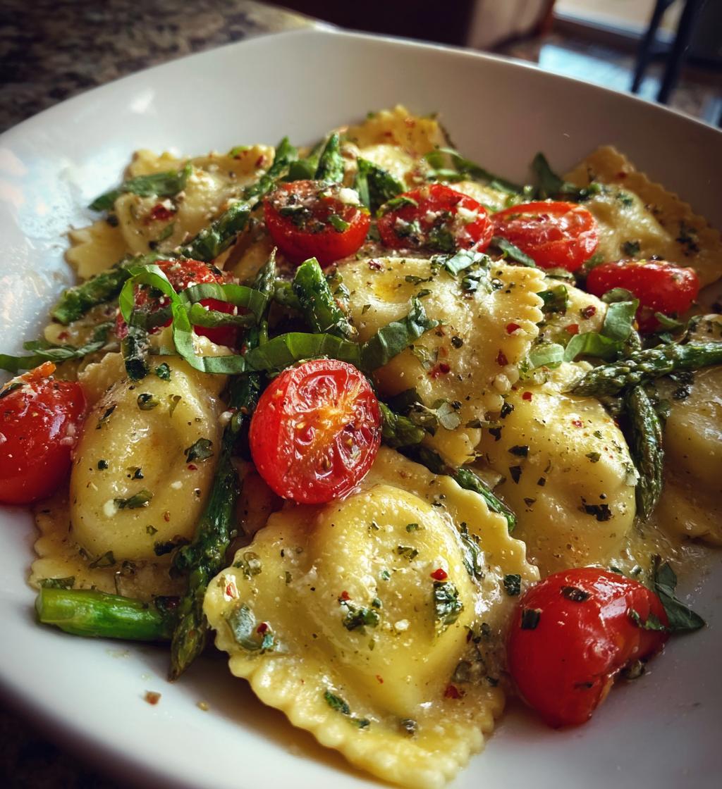 ravioli with tomatoes asparagus garlic and herbs - detail 1