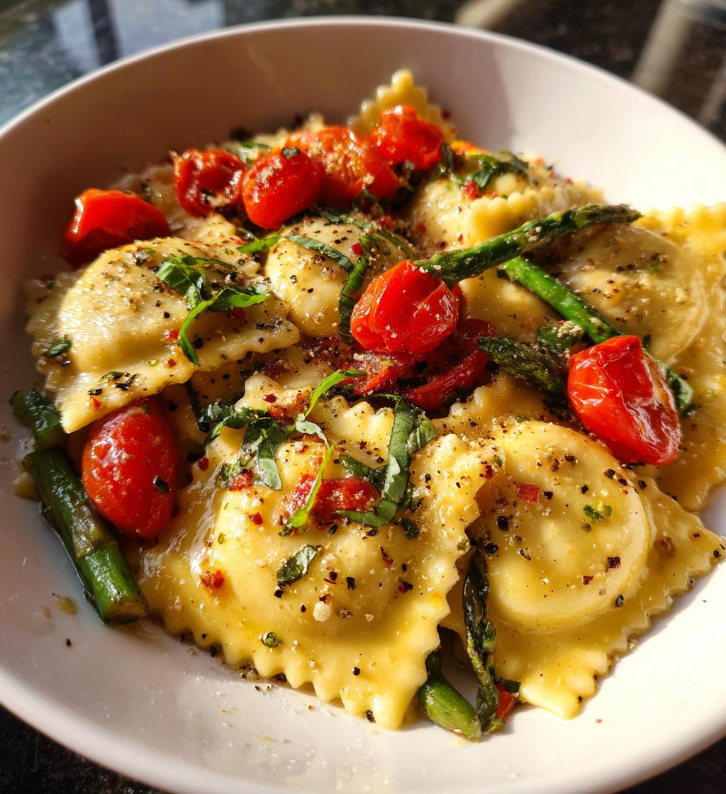 ravioli with tomatoes asparagus garlic and herbs