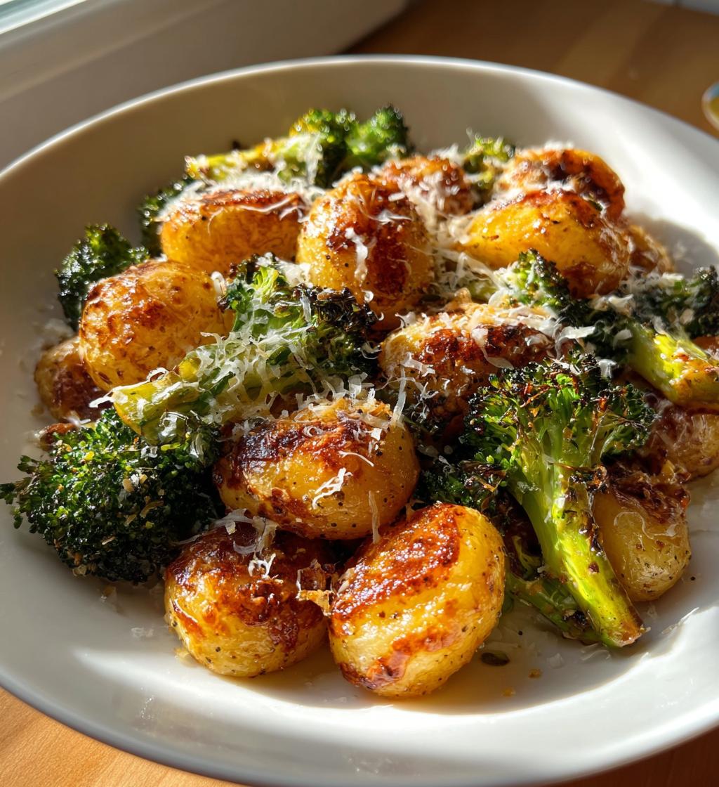 roasted parmesan potatoes and broccoli