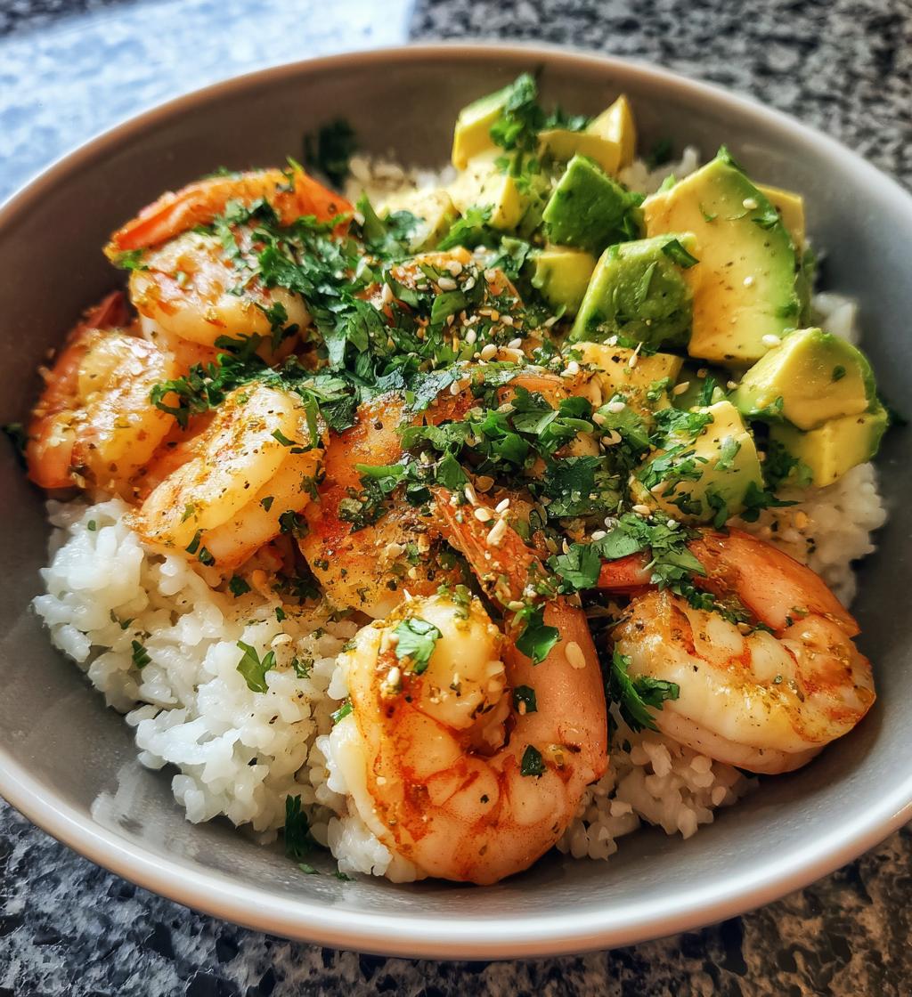 spicy shrimp avocado rice bowl - detail 1