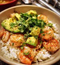 spicy shrimp avocado rice bowl