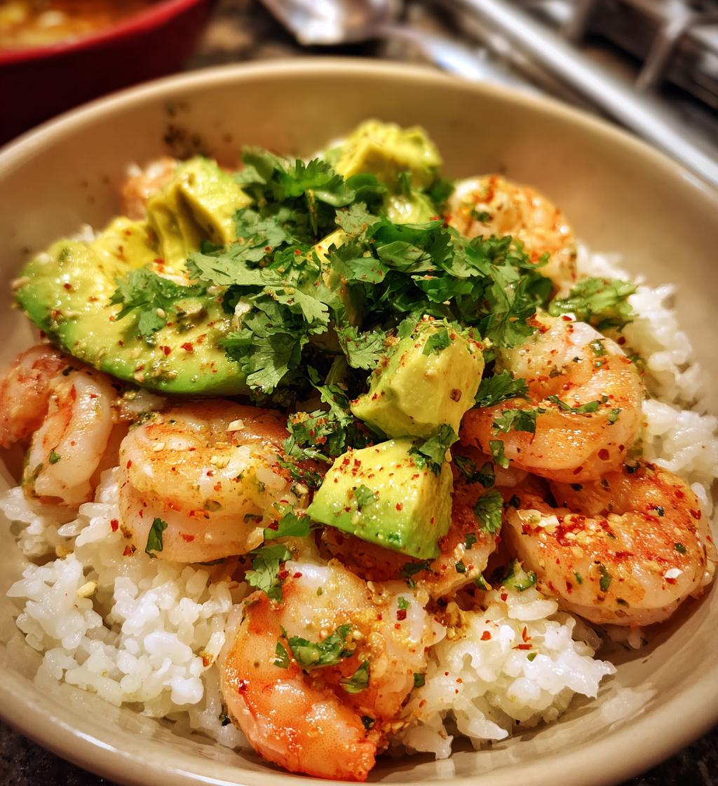 spicy shrimp avocado rice bowl