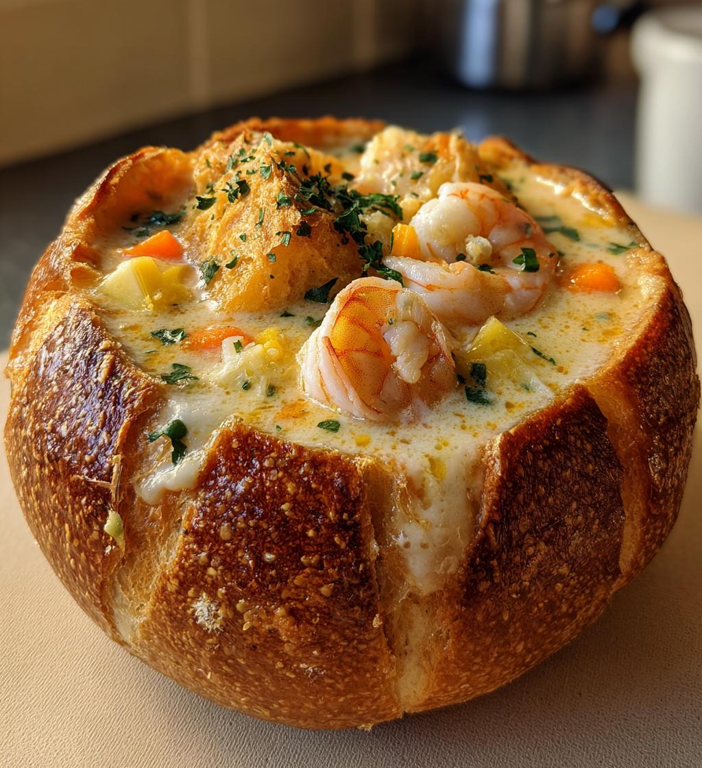 stuffed seafood soup bread bowl - detail 1