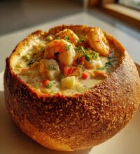 stuffed seafood soup bread bowl
