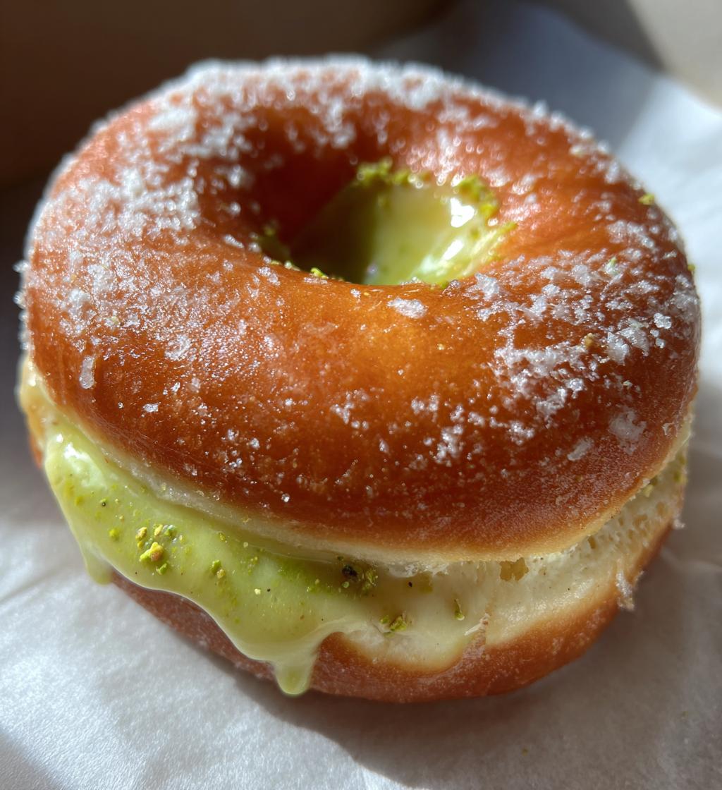 vegan donuts filled with pistachio pastry cream - detail 1