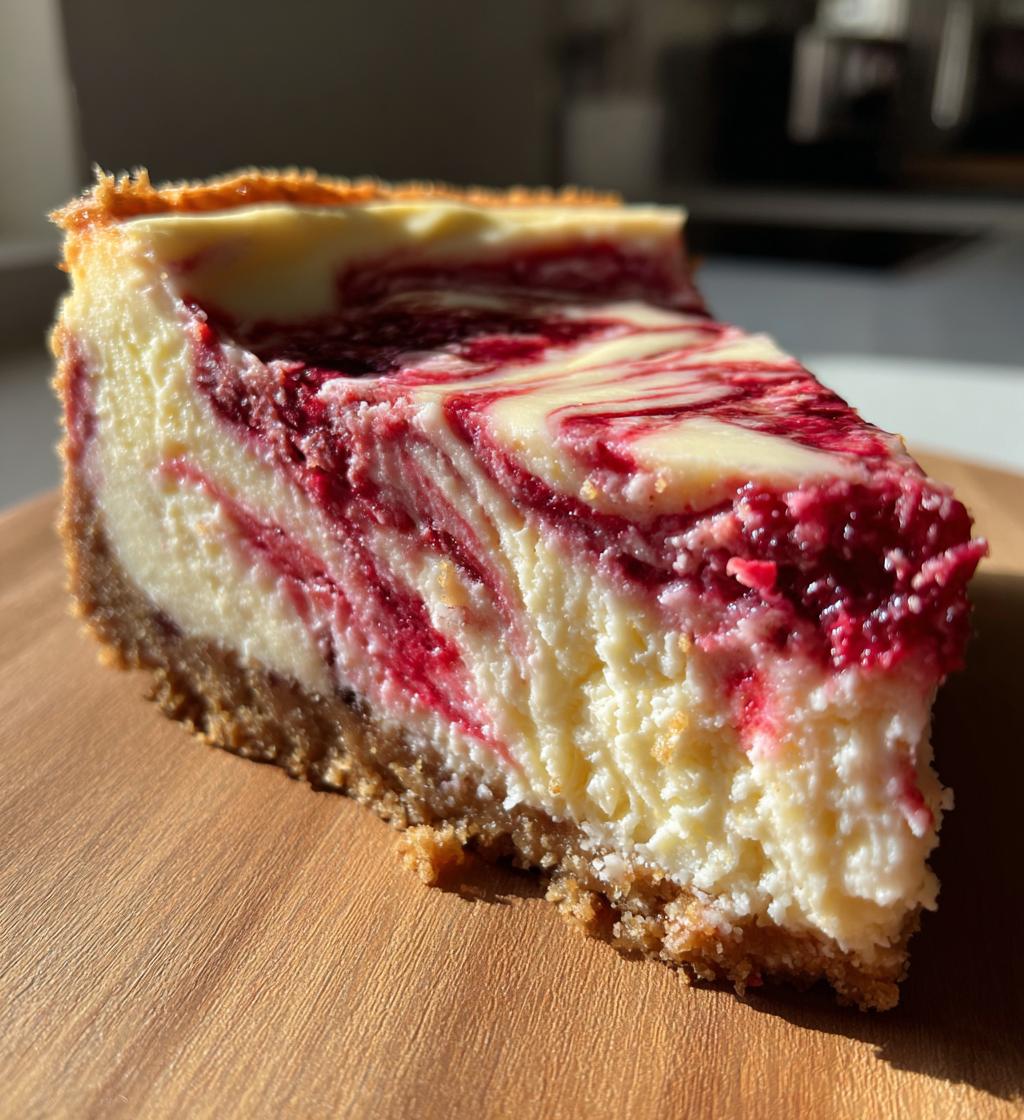 white chocolate raspberry swirl cheesecake - detail 1