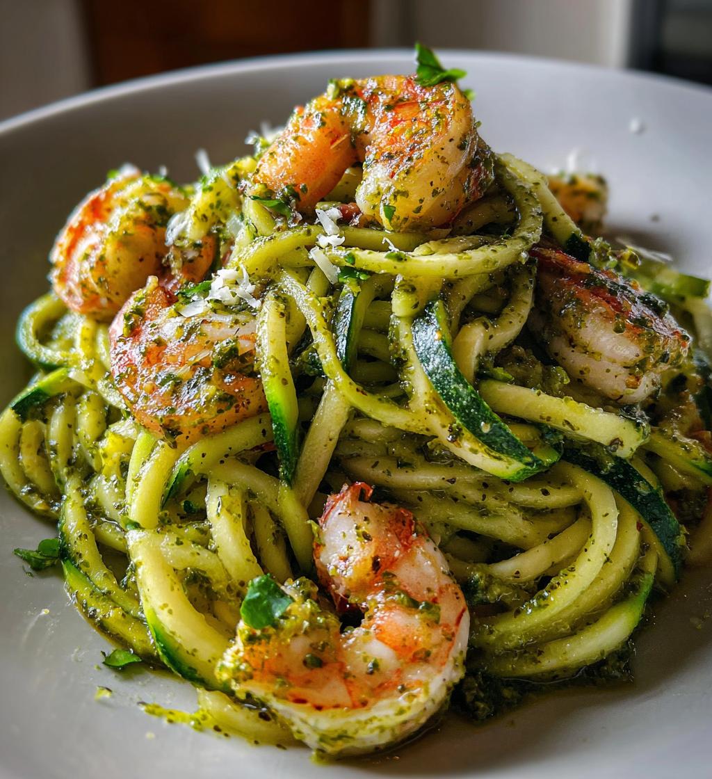 zucchini noodles with pesto and shrimp - detail 1