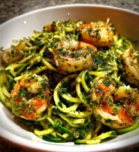 zucchini noodles with pesto and shrimp