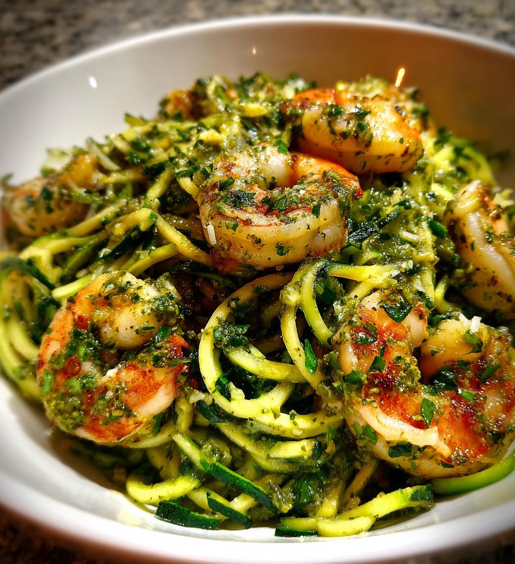 zucchini noodles with pesto and shrimp