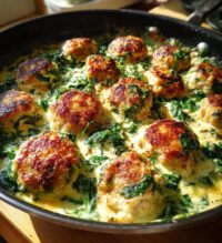 baked chicken ricotta meatballs with spinach alfredo sauce