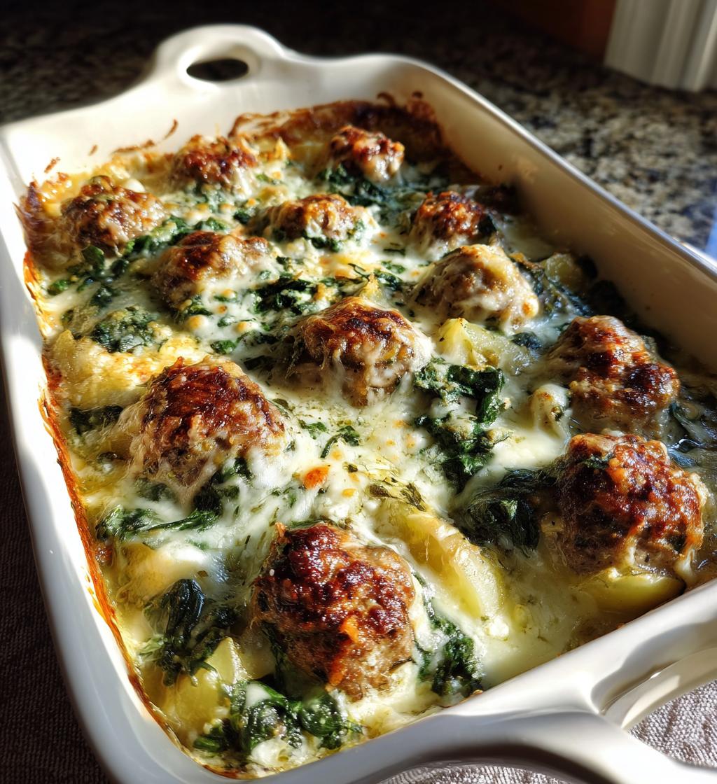 cheesy spinach meatball potato bake - detail 1