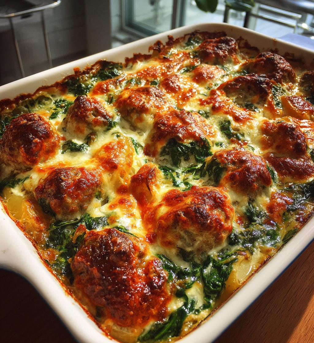 cheesy spinach meatball potato bake