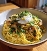 chicken spaghetti with burrata and lemon butter garlic sauce