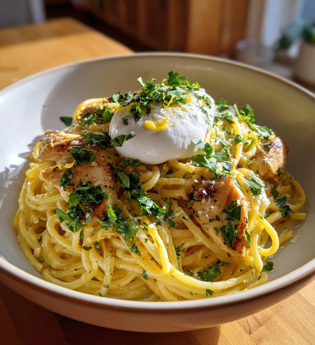 chicken spaghetti with burrata and lemon butter garlic sauce