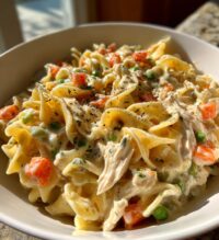 creamy chicken pot pie noodle skillet