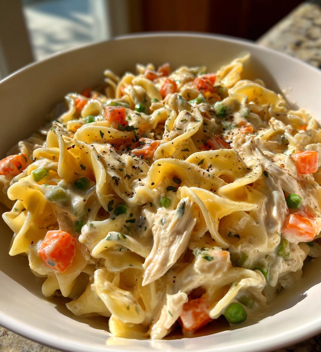 creamy chicken pot pie noodle skillet