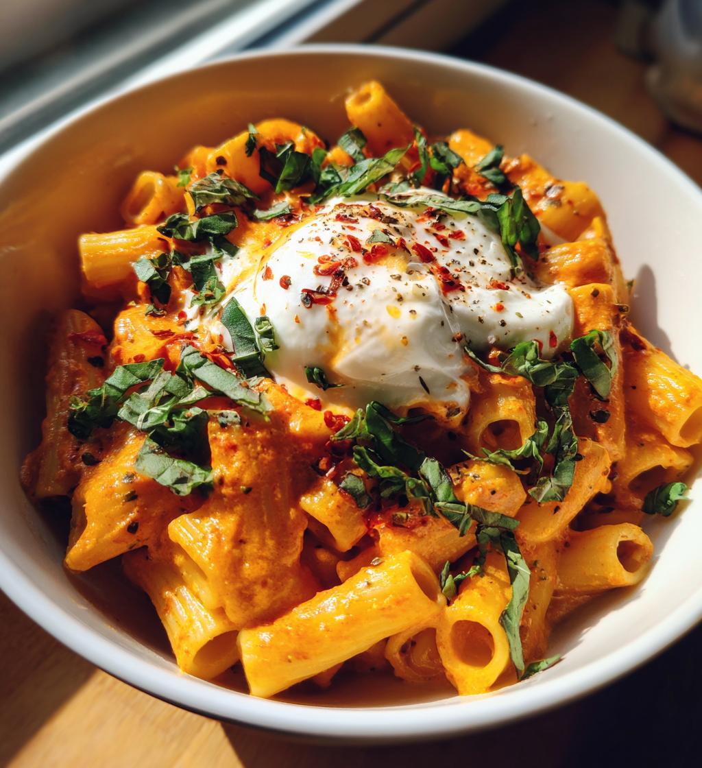 creamy red pepper pasta with burrata and herbs - detail 1