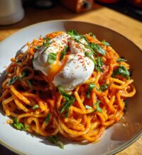 creamy red pepper pasta with burrata and herbs