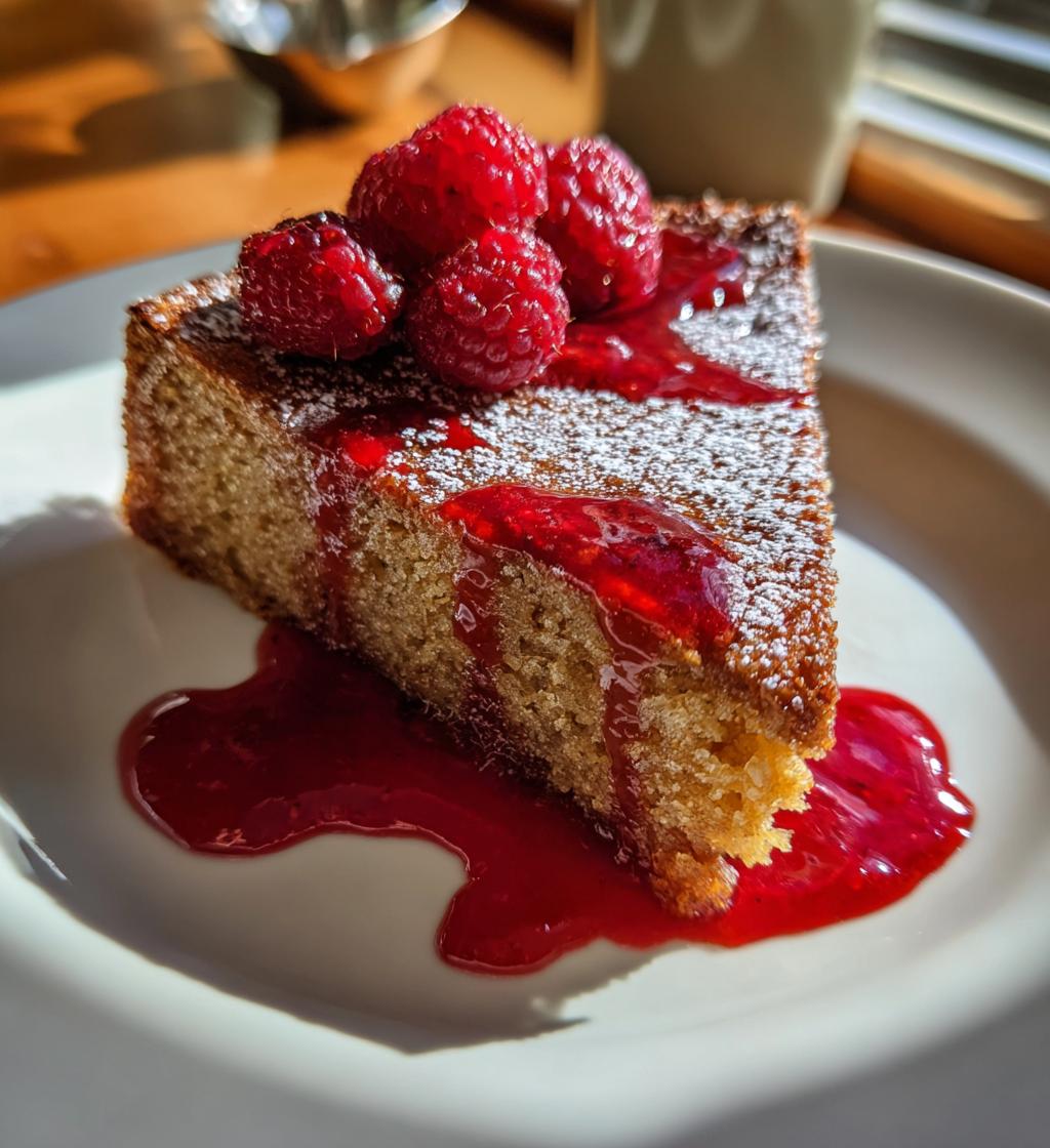 flourless almond cake with raspberry sauce - detail 1