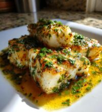 golden seared cod with herb butter sauce