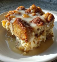 grandmas old fashioned bread pudding with vanilla sauce