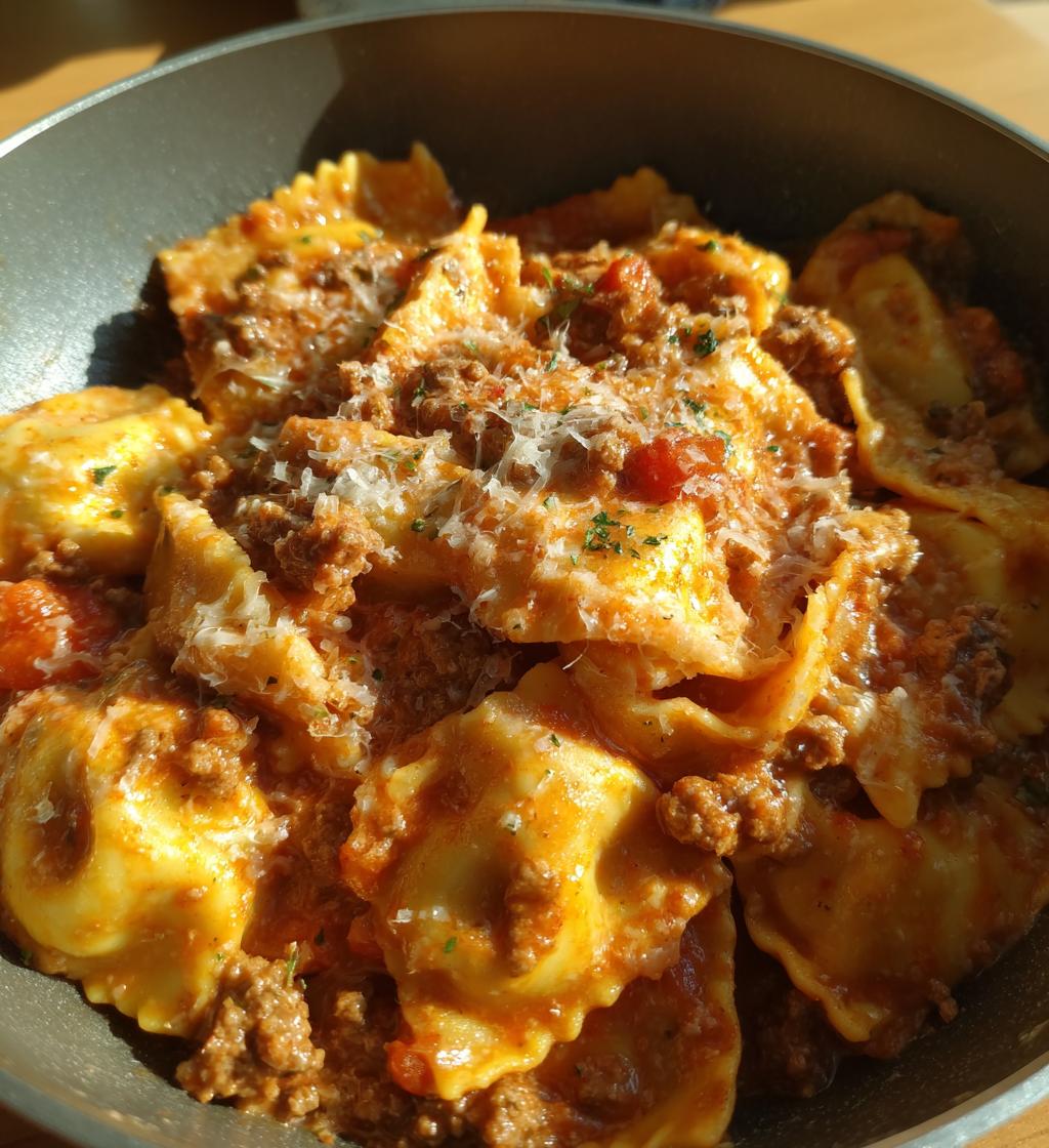 one pot ravioli in a creamy tomato beef sauce