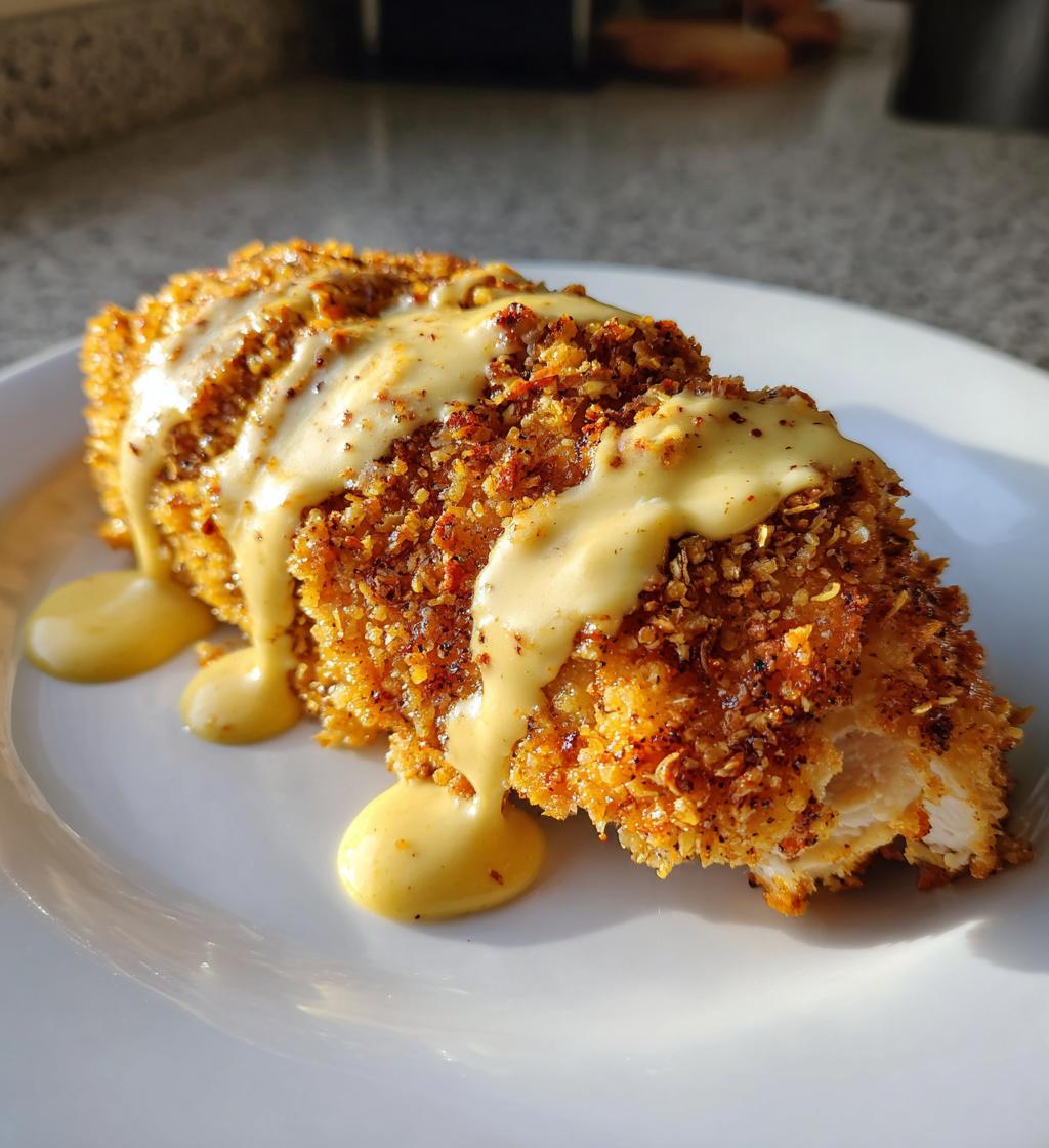 pretzel chicken with mustard cheddar sauce - detail 1