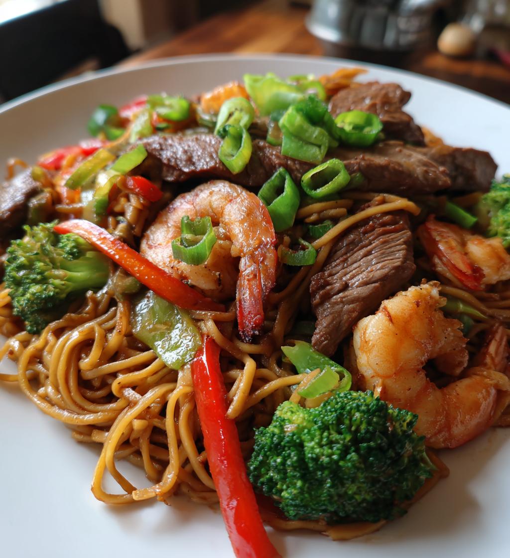 steak shrimp teriyaki noodles