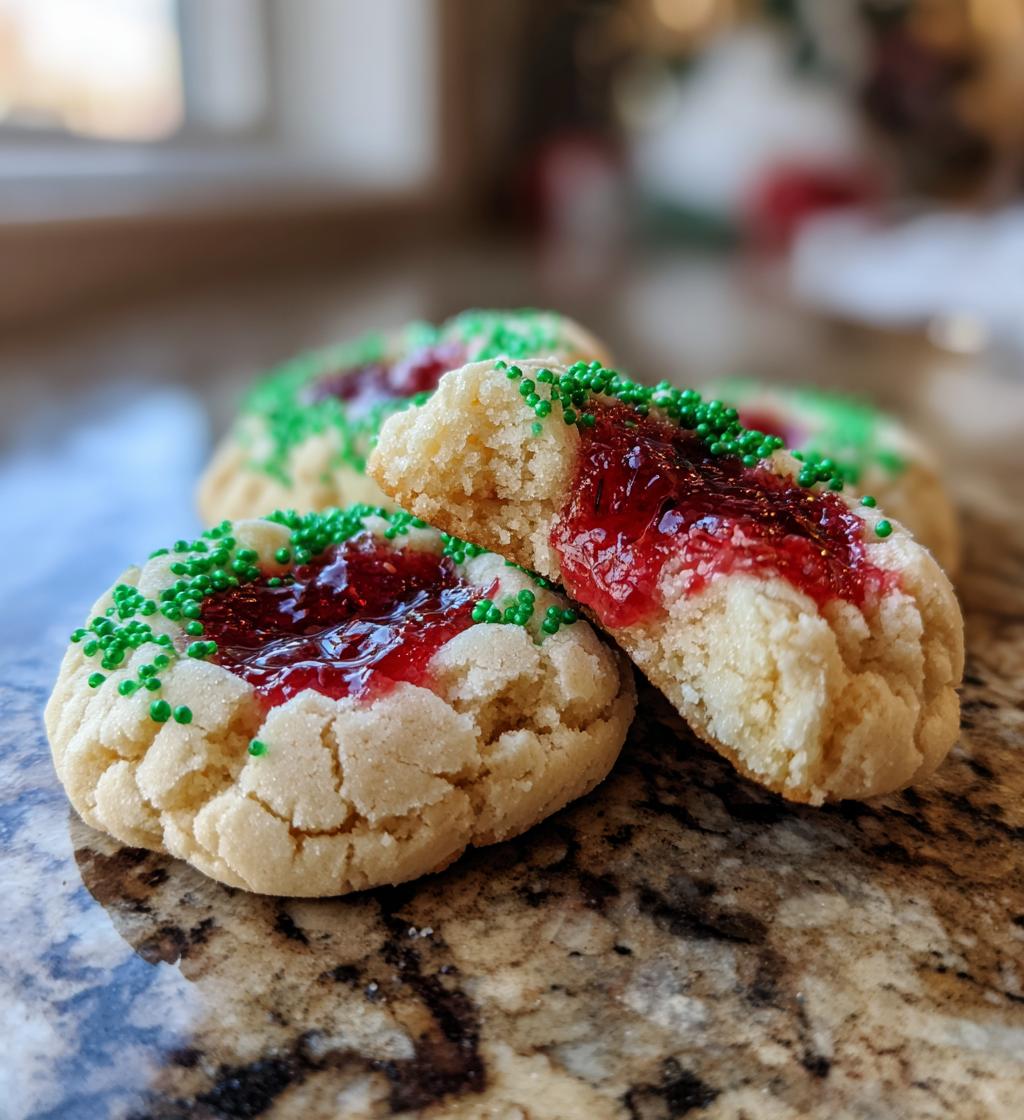 grinch thumbprint raspberry cookies