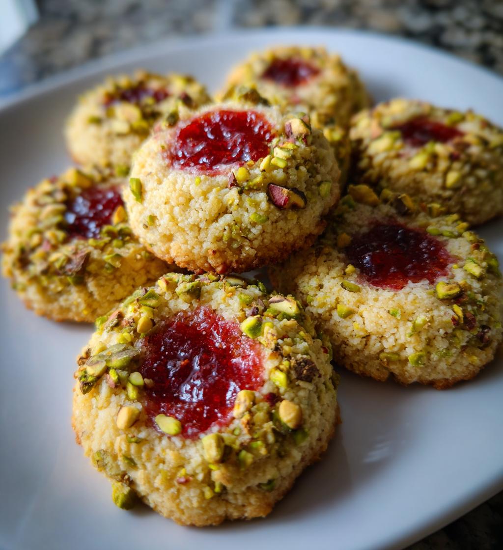 pistachio raspberry thumbprint cookies